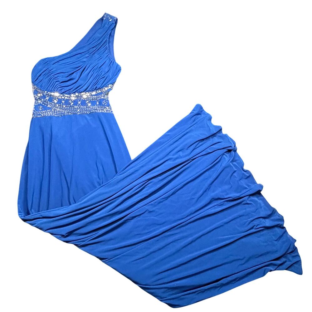 Vtg Y2K Royal Blue One-Shoulder Formal Gown – Beaded Open Back Maxi Dress